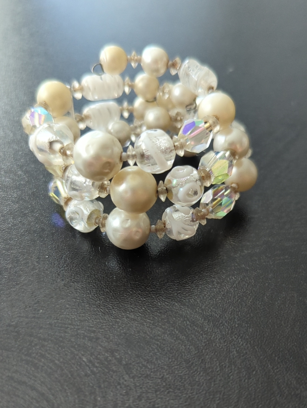 Vintage 50s 3 Row Glass Pearl, AB and Murano Bead Cuff